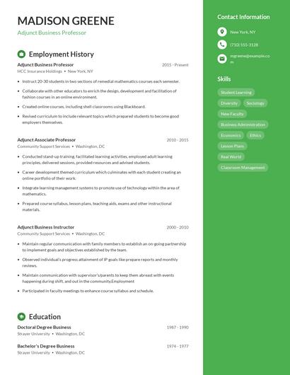Adjunct Business Professor Resume