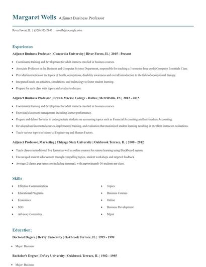 Adjunct Business Professor Resume