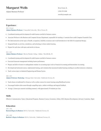 Adjunct Business Professor Resume