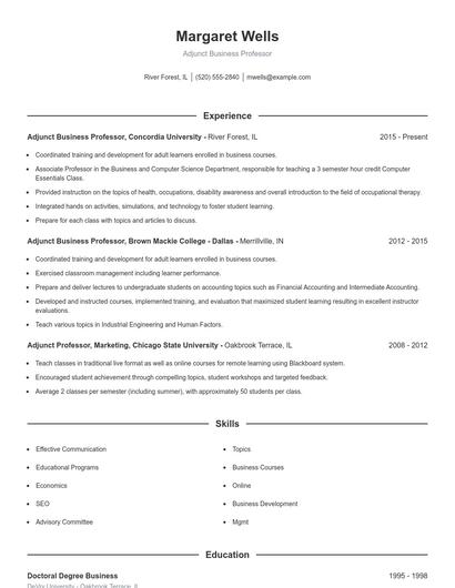 Adjunct Business Professor Resume