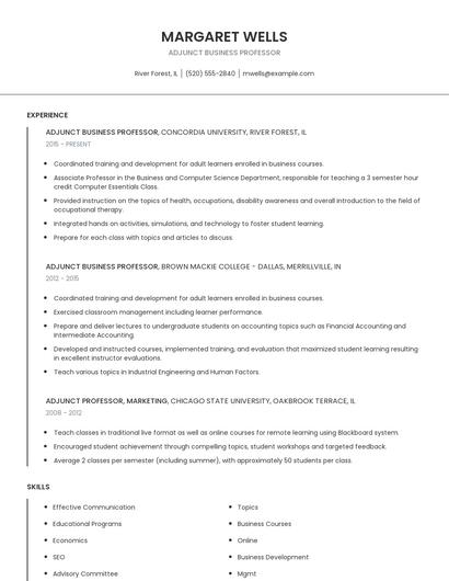 Adjunct Business Professor Resume