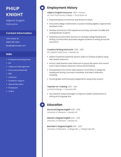 Adjunct English Instructor Resume
