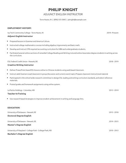 Adjunct English Instructor Resume