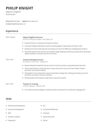 Adjunct English Instructor Resume