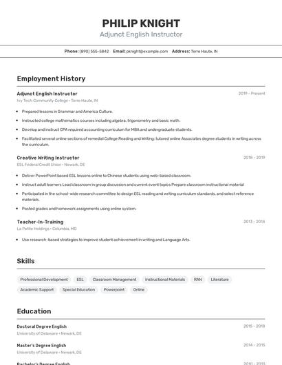 Adjunct English Instructor Resume