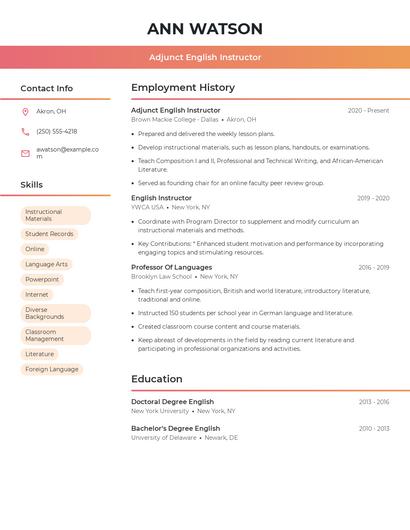 Adjunct English Instructor Resume