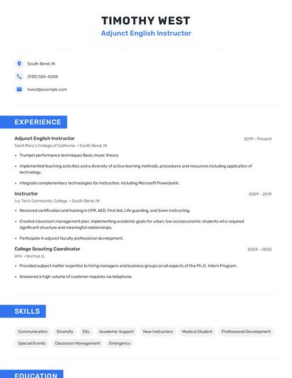 Adjunct English Instructor Resume