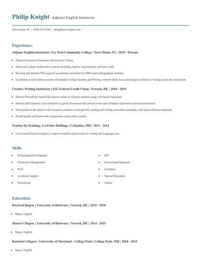 Adjunct English Instructor Resume