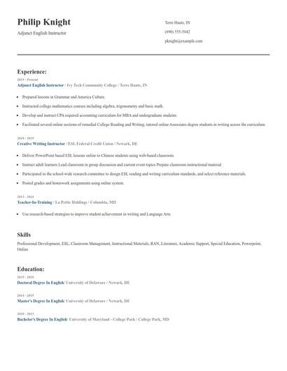 Adjunct English Instructor Resume