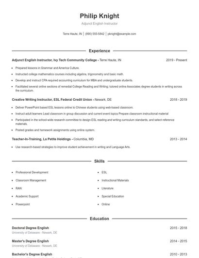 Adjunct English Instructor Resume