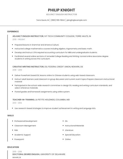 Adjunct English Instructor Resume
