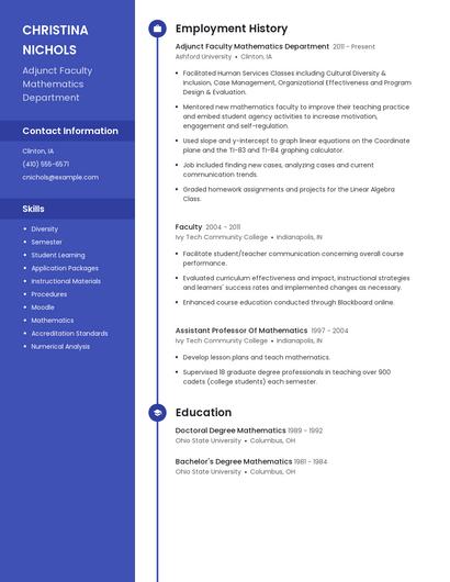 Adjunct Faculty Mathematics Department Resume