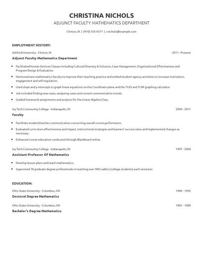 Adjunct Faculty Mathematics Department Resume