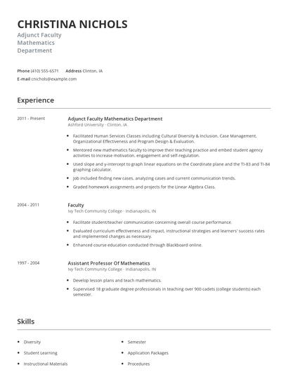 Adjunct Faculty Mathematics Department Resume