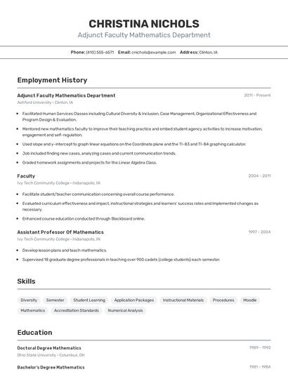 Adjunct Faculty Mathematics Department Resume