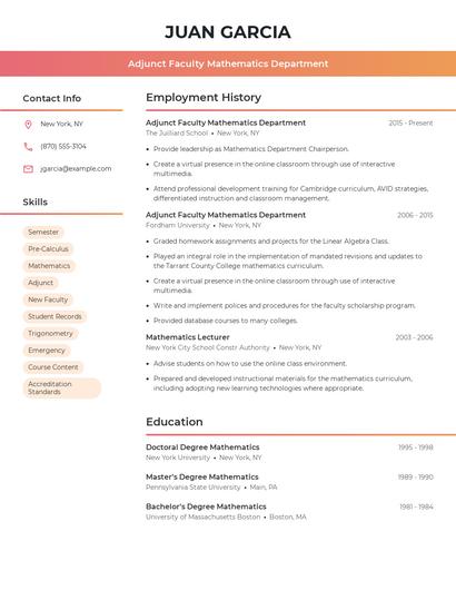 Adjunct Faculty Mathematics Department Resume