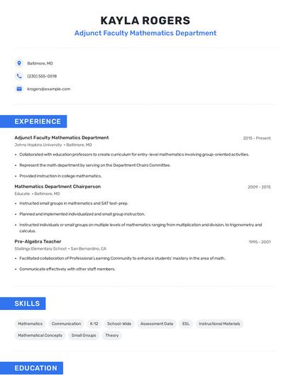 Adjunct Faculty Mathematics Department Resume