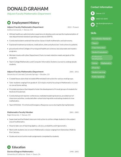 Adjunct Faculty Mathematics Department Resume