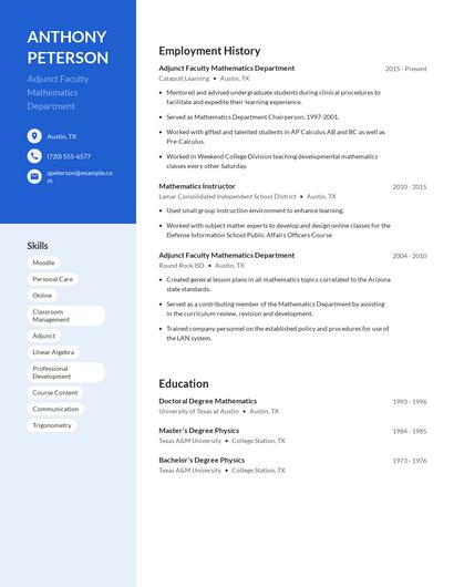 Adjunct Faculty Mathematics Department Resume