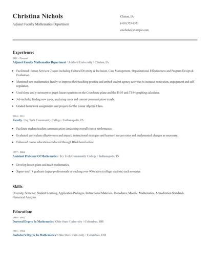 Adjunct Faculty Mathematics Department Resume