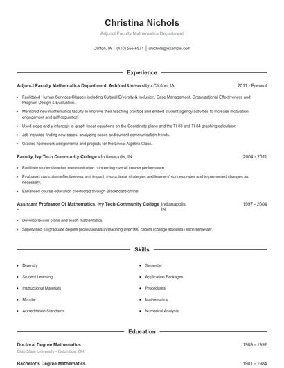 Adjunct Faculty Mathematics Department Resume