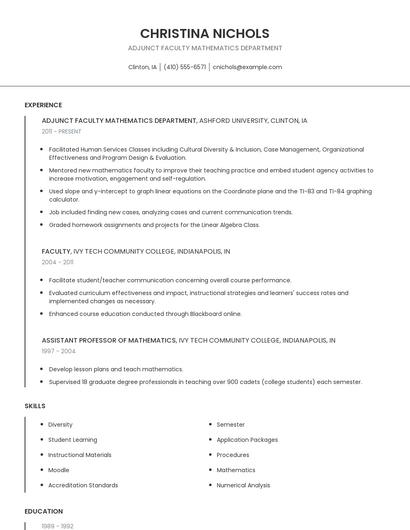 Adjunct Faculty Mathematics Department Resume
