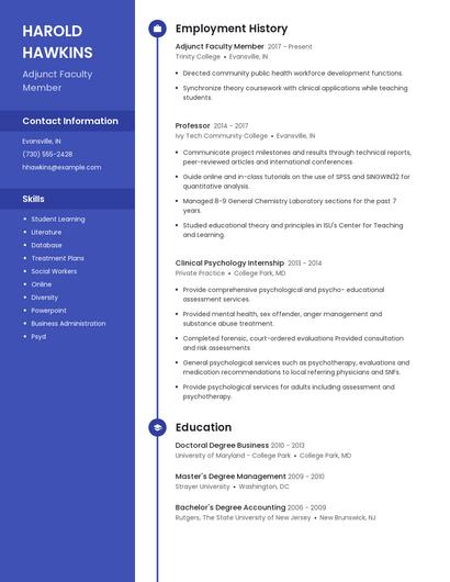 Adjunct Faculty Member Resume