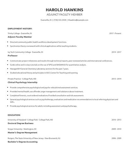 Adjunct Faculty Member Resume