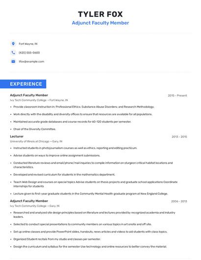 Adjunct Faculty Member Resume