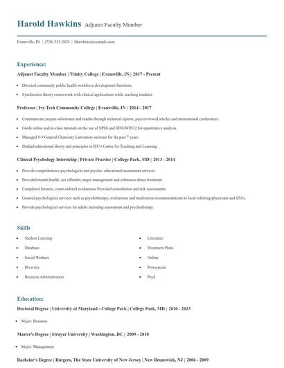 Adjunct Faculty Member Resume