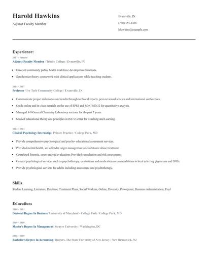 Adjunct Faculty Member Resume