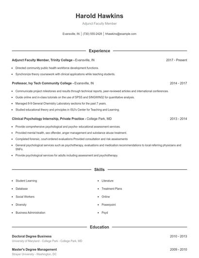 Adjunct Faculty Member Resume