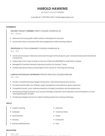 Adjunct Faculty Member Resume