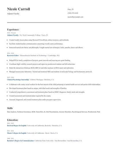 Adjunct Faculty Resume