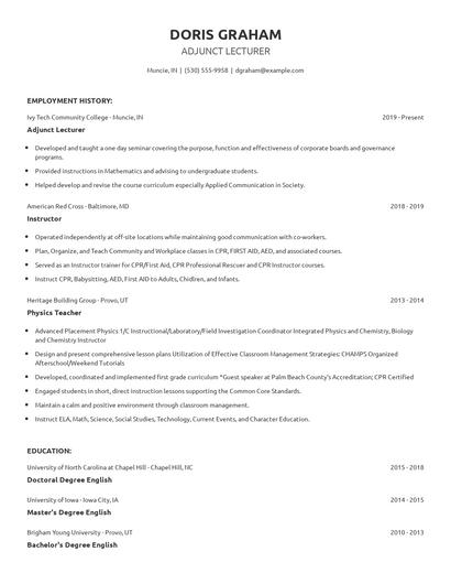 Adjunct Lecturer Resume