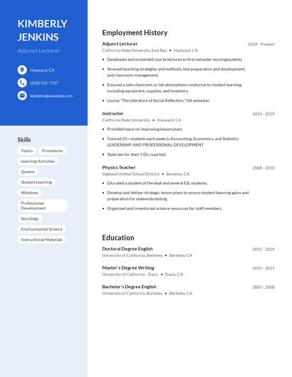 Adjunct Lecturer Resume