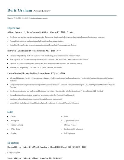Adjunct Lecturer Resume