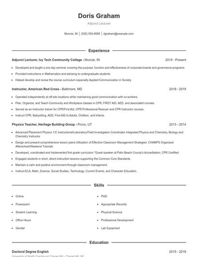 Adjunct Lecturer Resume
