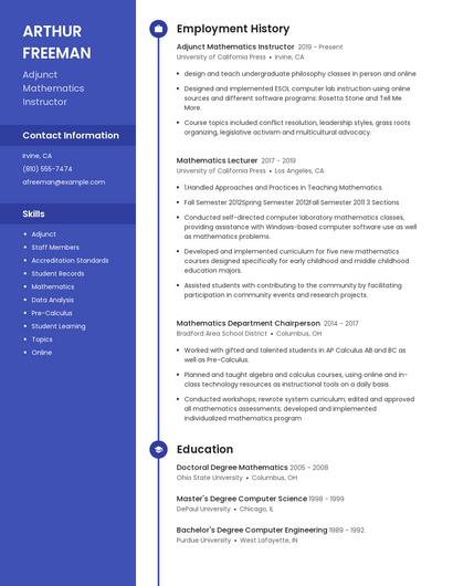 Adjunct Mathematics Instructor Resume