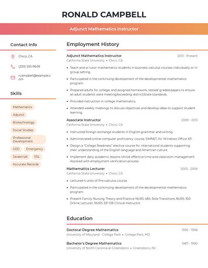 Adjunct Mathematics Instructor Resume