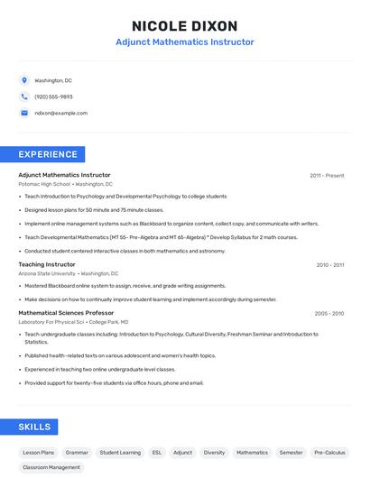 Adjunct Mathematics Instructor Resume