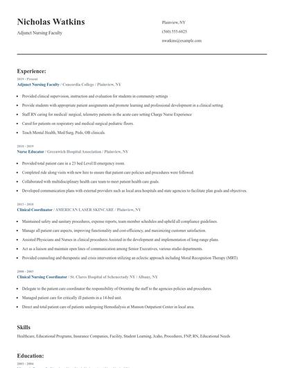 Adjunct Nursing Faculty Resume