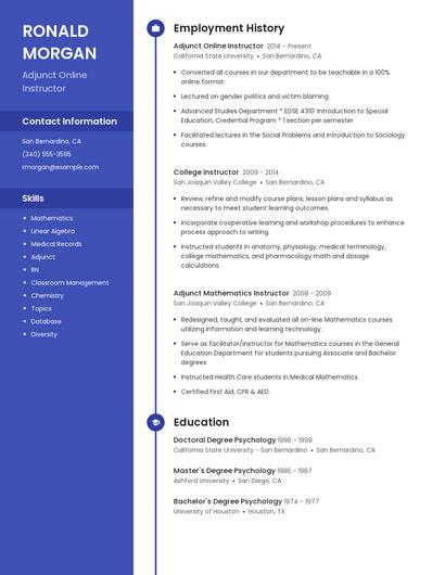 Adjunct Online Instructor Resume