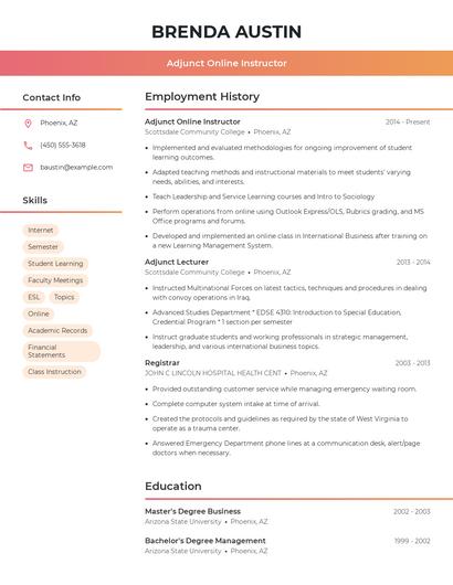 Adjunct Online Instructor Resume