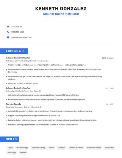 Adjunct Online Instructor Resume