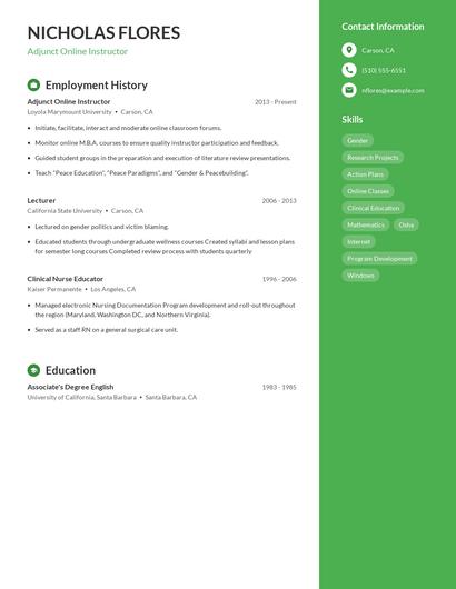 Adjunct Online Instructor Resume