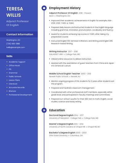 Adjunct Professor Of English Resume