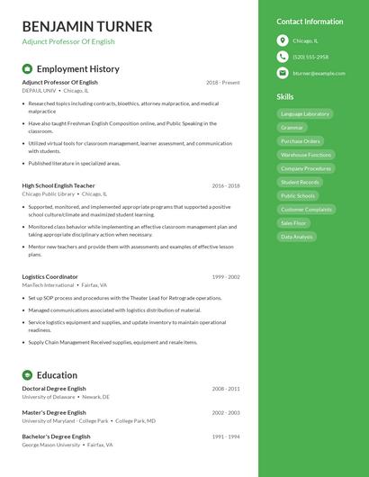 Adjunct Professor Of English Resume