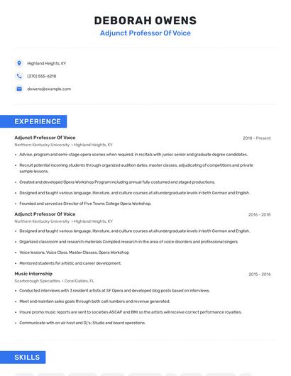 Adjunct Professor Of Voice Resume