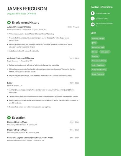 Adjunct Professor Of Voice Resume